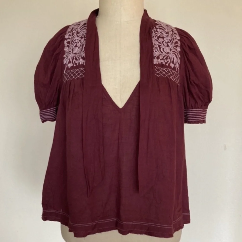 Free People Dreaming About You embroidered puff sleeve bohemian peasant top XS
